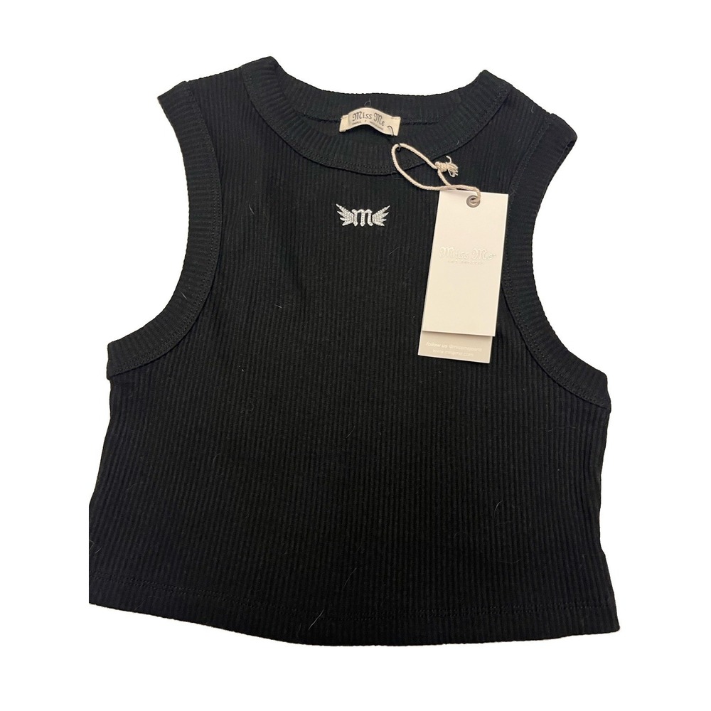 NWT MISS ME Women's Black Crop Tank Logo On Front Round Neck Ribbed Sz Small